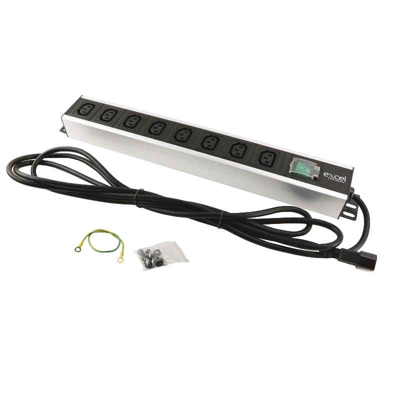 Excel PDU C13 Kontaktligzdu bloks 19" skapim 8-v ar sledzi, 16A, 555-241 cover photo