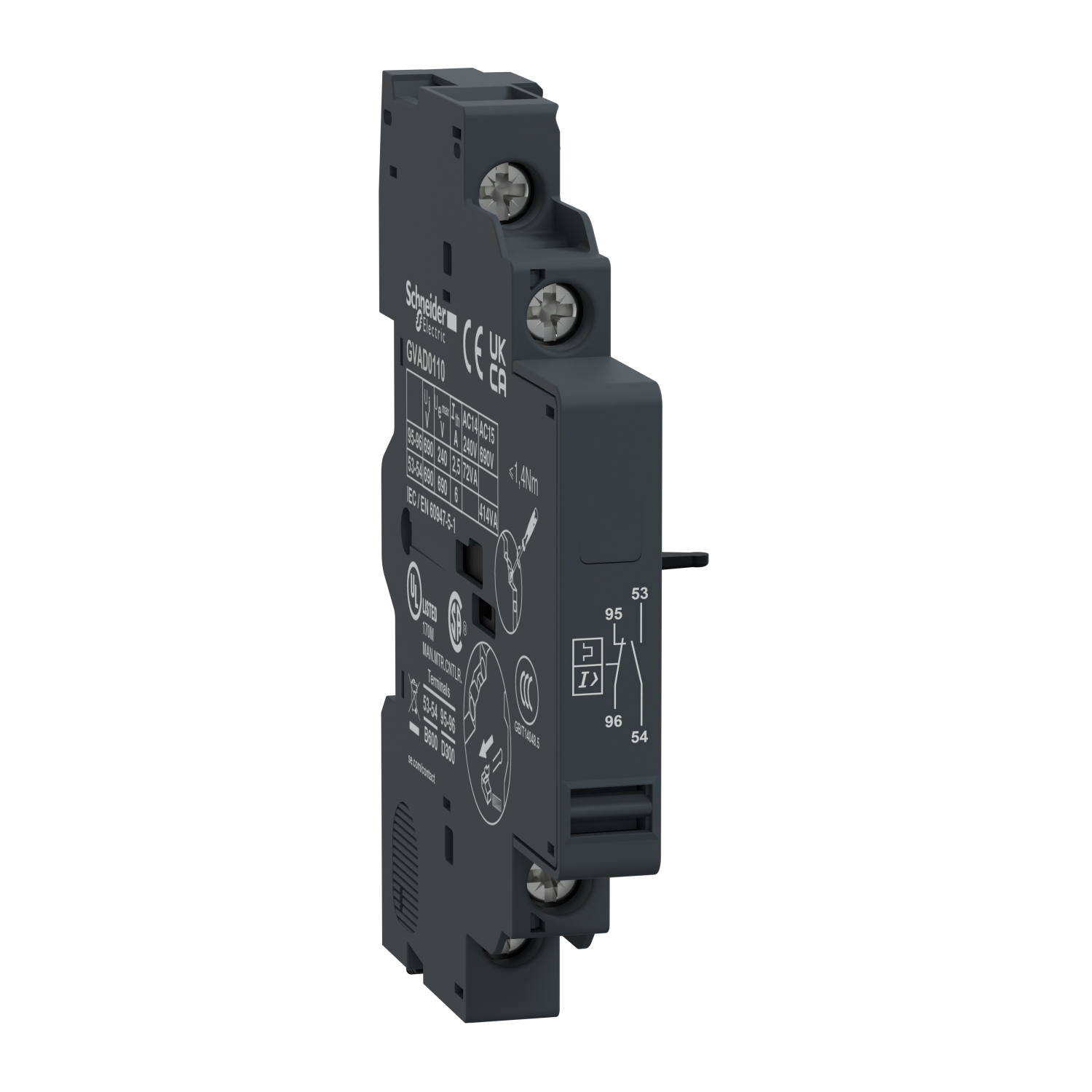 Schneider Electric palīgkontakts (fault) 1NO+1NC kreisais 6A, priekš TeSys GV2 & GV3, GVAD0110 cover photo