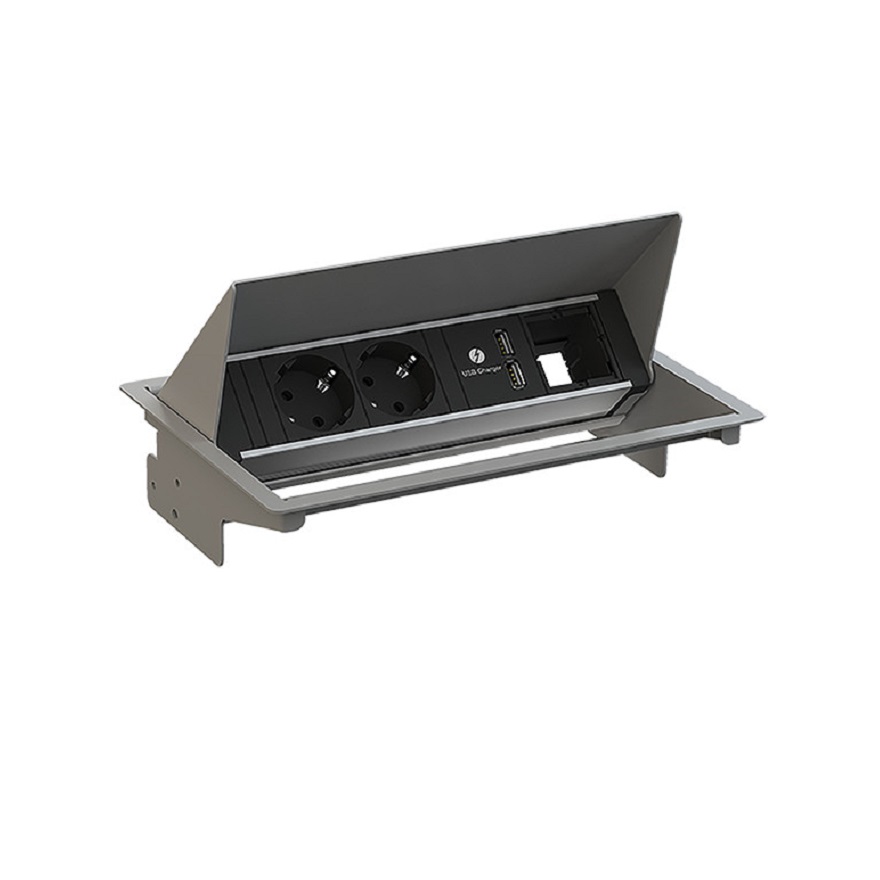 Bachmann galdā iebūvējams rāmis (2x Schuko, lād. USB-A+A 15W, 1x tukšs) alumīnija Coneo, 900.406 cover photo
