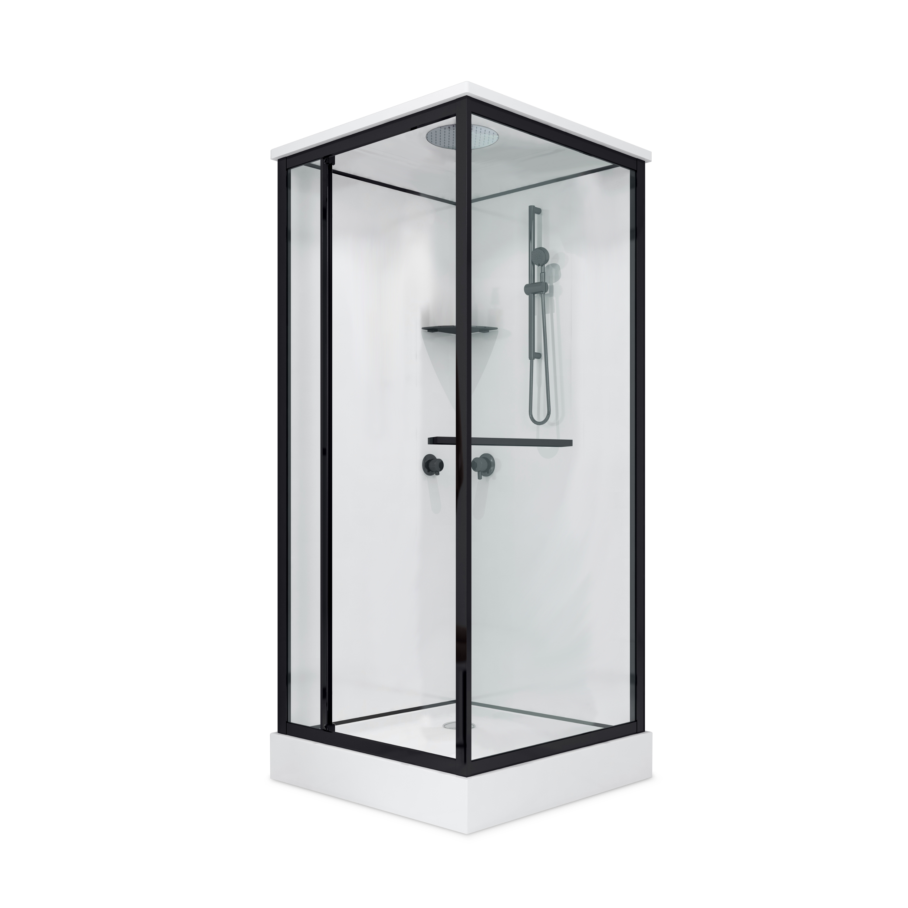 Gotland dušas kabīne GOTLAND Berta 90*90*215cm , baltā aizmugure, caurspīdīgie stikli, melnais profils, seklais paliktnis 12cm, SW6512 90X90 cover photo