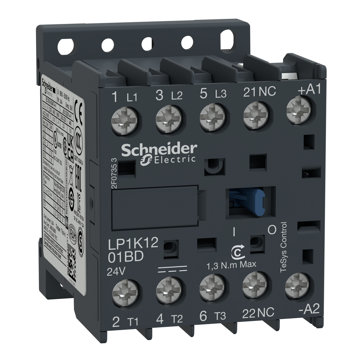 Schneider Electric magnētiskais kontaktors 5.5kW 12A 24VDC 3NO+1NC TeSys K, LP1K1201BD cover photo
