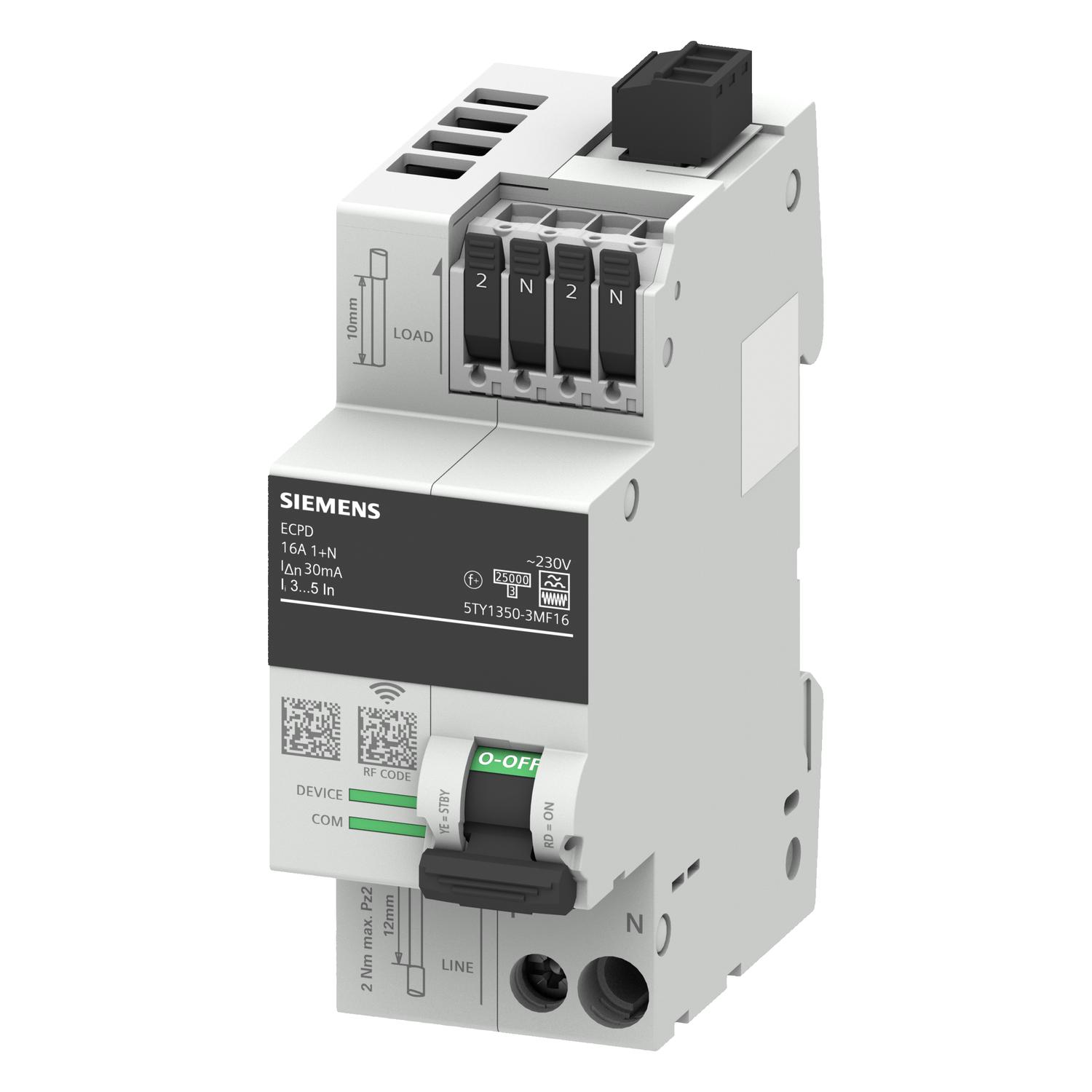 Siemens kombinētais Noplūdstrāvas automāts ar mērījumu funkciju 1P+N 16A 30mA F-tips 75kA, 5TY1350-3MF10 cover photo
